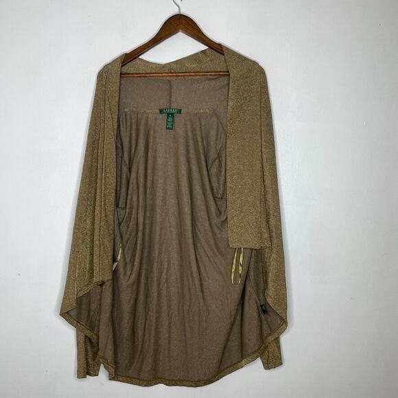 Ralph Lauren XL Gold Metallic Cardigan Drape Front Lightweight Glam Sweater - Picture 1 of 6